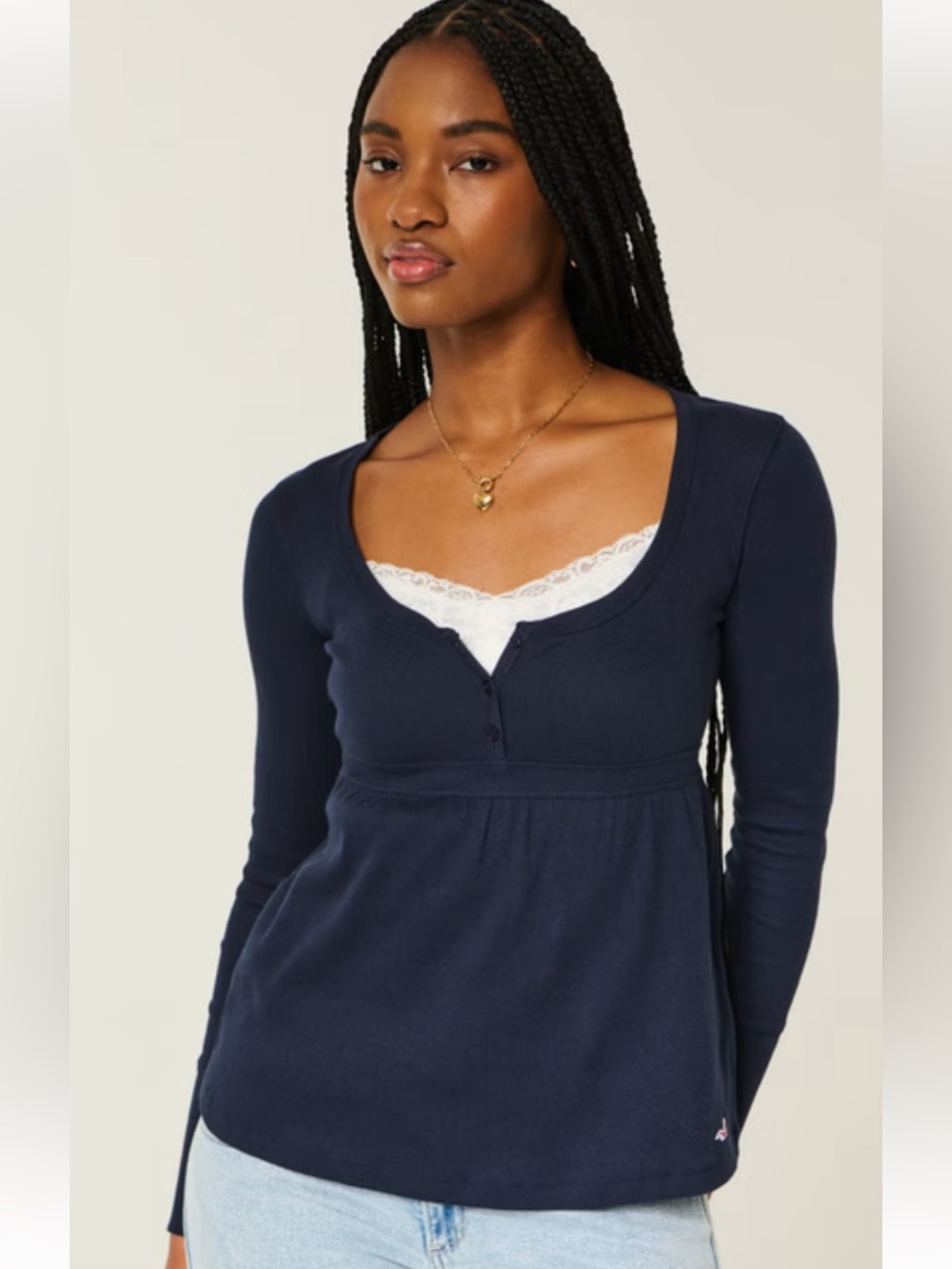 Hollister Navy Scoop-Neck Long Sleeve Henley Babydoll Top. Navy Small.